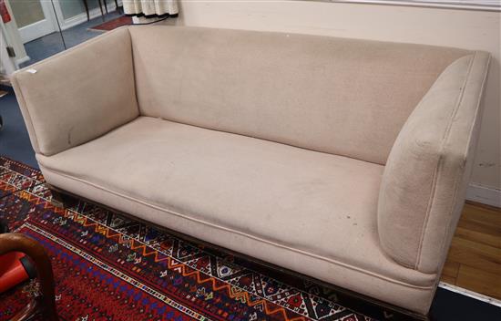 A Deco-style settee upholstered in a natural colour fabric W.200cm